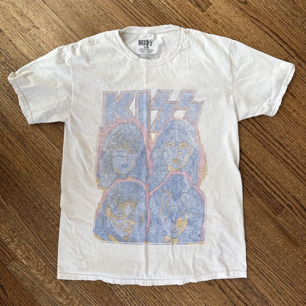Vintage Style KISS Band Tee Shirt Mens Small Off White Portrait Graphic Rock S/M